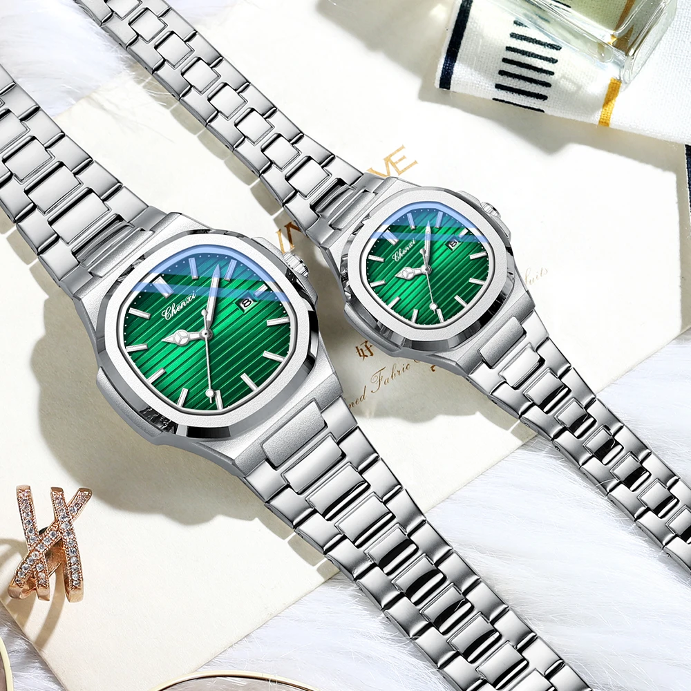 CHENXI Fashion Couples Watches Waterproof Silver Quartz Lover Wristwatches Set Calendar Luminous Couple Watch for Men Women