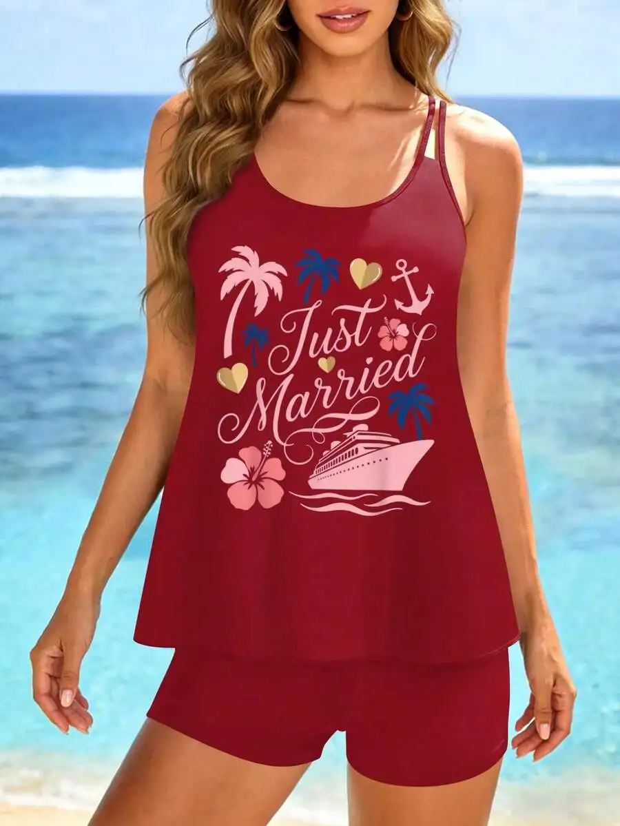 Just Married Cruise Tankini Set Women Summer Two Piece Swimsuit Casual Vacation Style