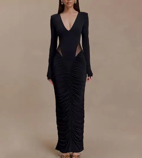 

Women's Dress Spring Sexy Fashion French Elegant Sexy Perspective Lace Splicing Wrinkle Design Bag Hip Long Sleeve Banquet Dress