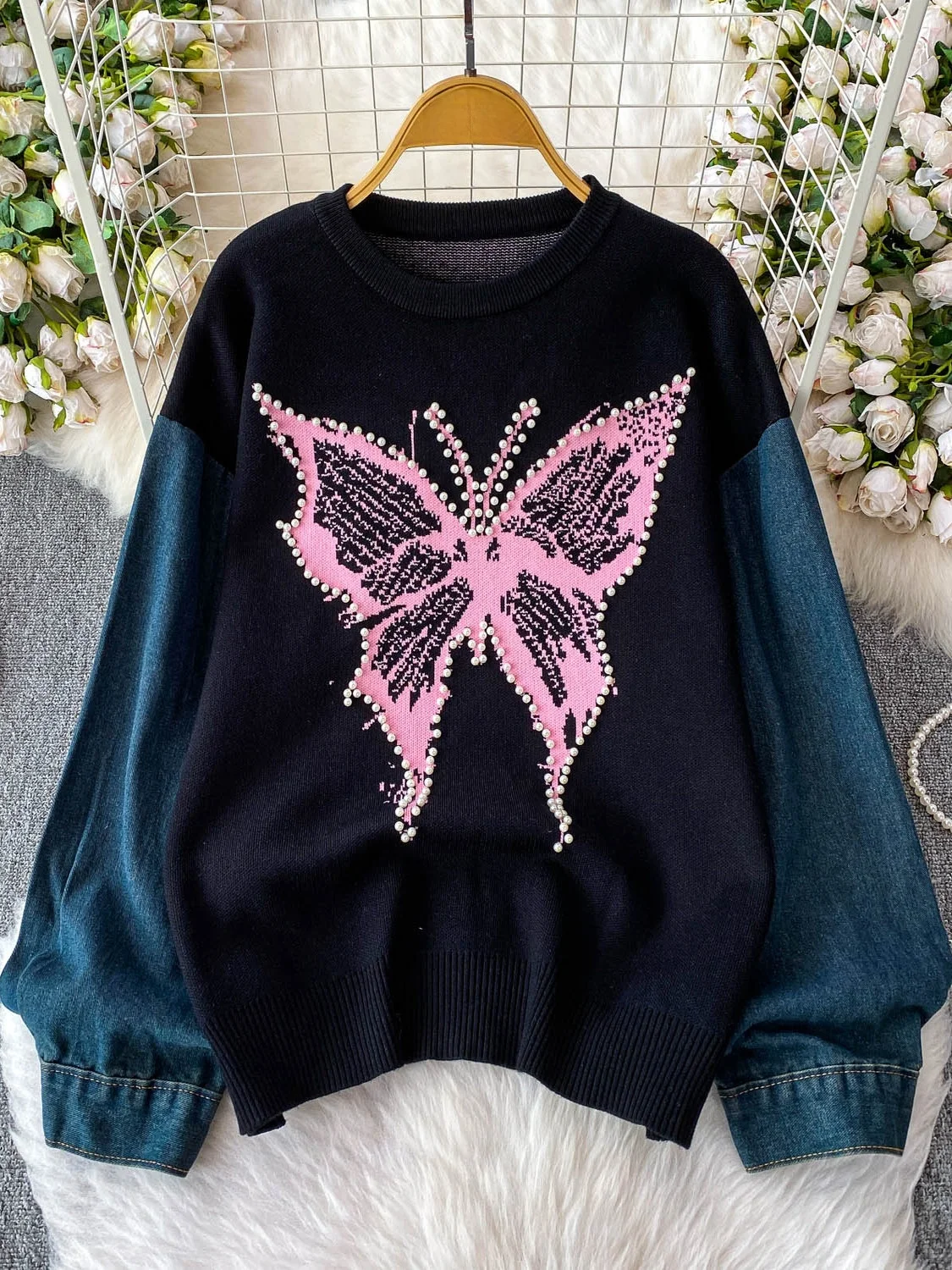 Design Sensation Lange Sve Denim Gebreide Trui Dames Losse Afslankende Top Splicing Glinsterende Kralen Casual Hoodie