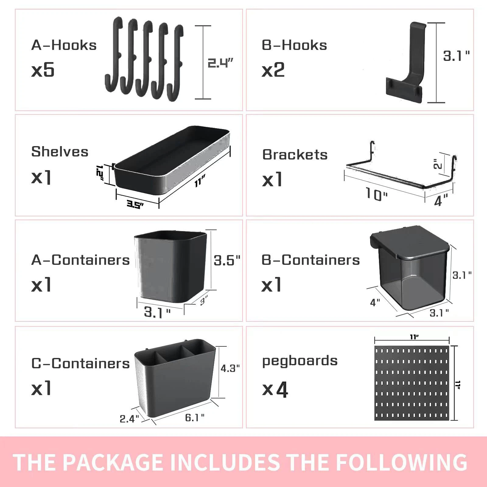 Pegboard Combination Kit for Garage Kitchen and Office, Shelf Hook Brackets, No Punching, Black, 12 Accessories