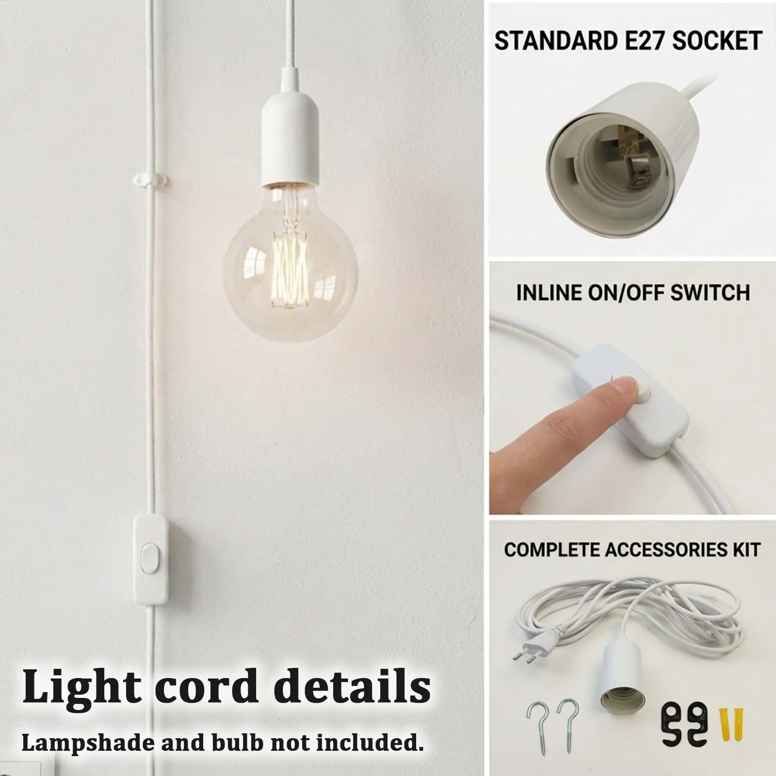 Plug-in White Cord with Switch, White Cylindrical Holder, White Toggle Switch, White EU Plug, Bright, Kitchen, Decor