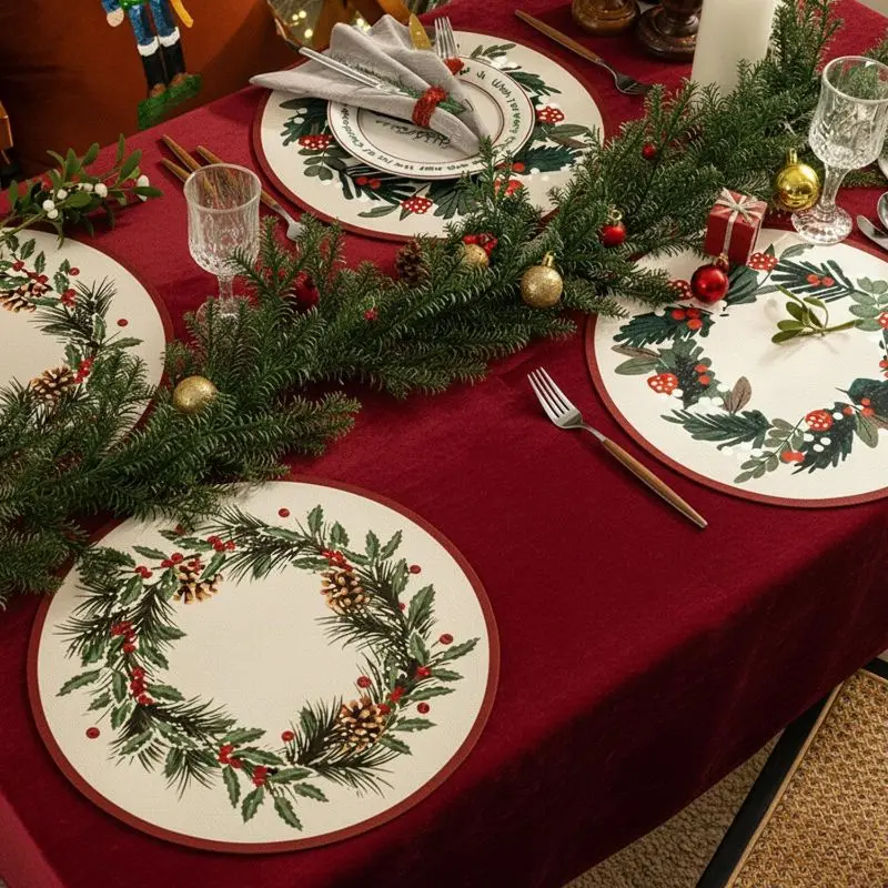 VIKAMA Round Ivory Christmas Wreath Holly Berry Pine Cone Botanical Dining Placemat Table Mat Kitchen Decor Durable Cozy Indoor