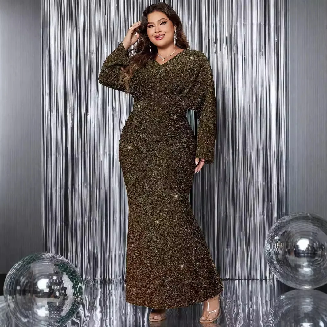 Temperament Plus Size V-Neck Long Sleeve Mermaid Hem Dress Women Autumn Evening Party Glitter High Waist Bodycon Long Dress