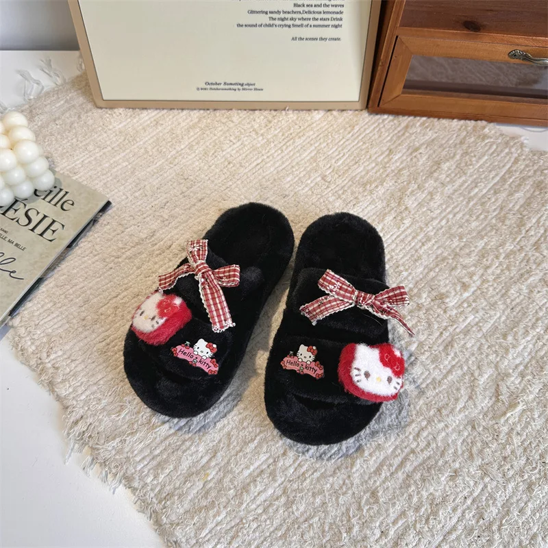 أطفال النعال أحذية منزلية الكرتون مرحبا كيتي المفتوحة تو أحذية الشتاء للفتيات الدافئة المضادة للانزلاق الدافئة البيج حذاء أسود حجم 26-37 #2