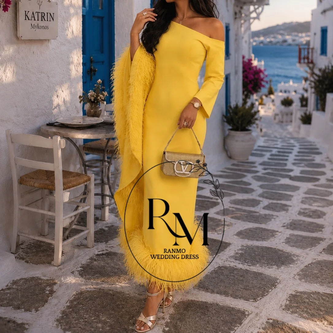Ranmo Evening Dresses Women's Formal Evening Gowns Full Sleeve  Yellow Off-Shoulder Feather Maxi Dress Elegant Vestido De Festa