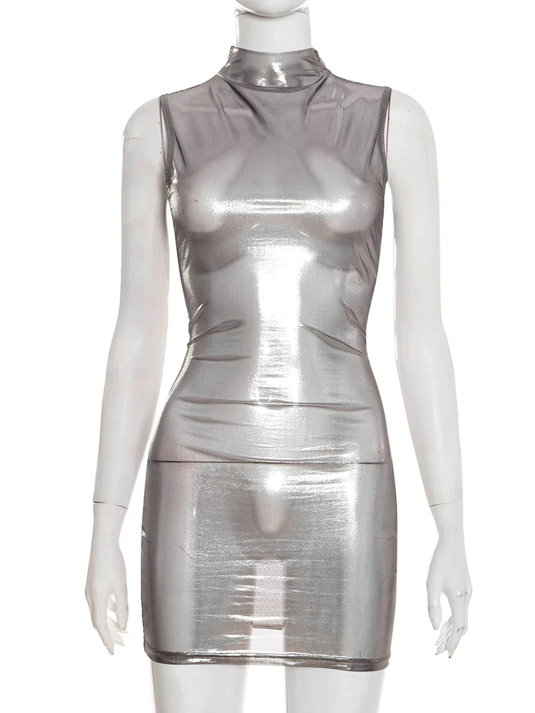 فستان نسائي غريب شفاف من خلال فستان صيفي مثير بدون أكمام لحفلات عيد الحب وحفلات أعياد الميلاد مكشكشة أنيقة ملابس نوادي ضيقة صغيرة