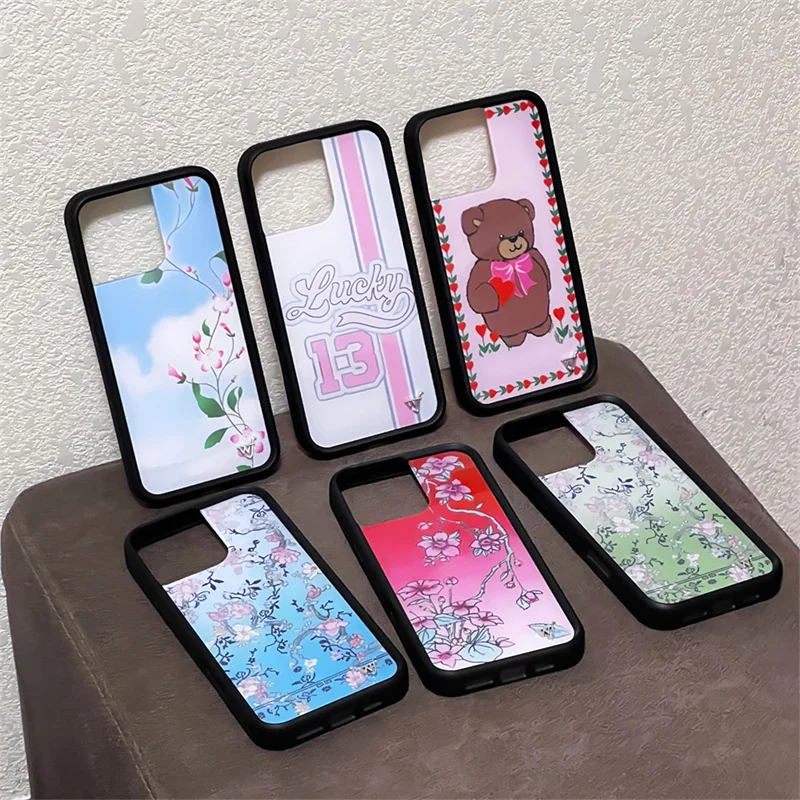 IPhone用の3Dワイルドフラワー電話ケース,クマ,デイジー,空の花,かわいい動物の漫画のカバー,iPhone 16,15,14,13,12 pro max,plus,wf