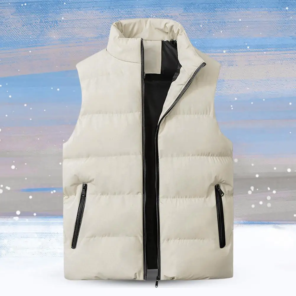 

Non-fading Men Vest Men Vest Thickened Stand Collar Vest Coat for Men Winter Warm Jacket with Zipper Solid Color Cotton-padded