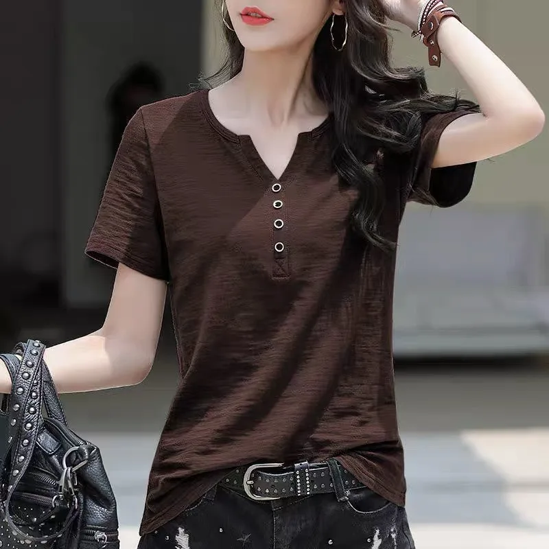 

Short Sleeved T-Shirt V-Neck Loose Fit Slimming Plus Size Solid Color Simple Half Sleeved Top