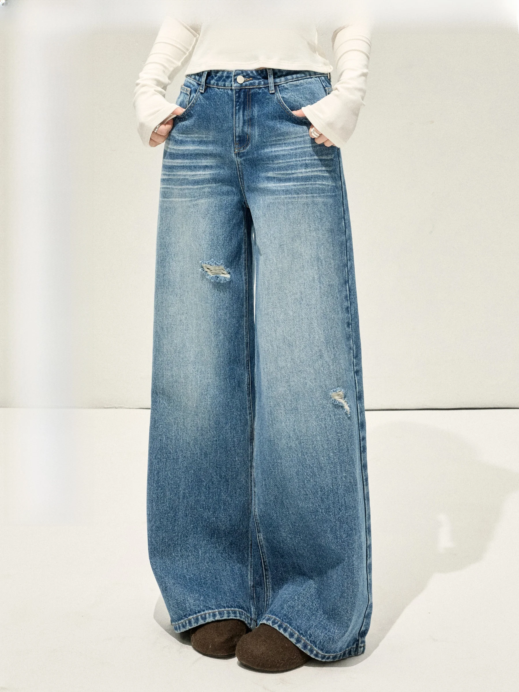 

Джинсы Jululu Studio больших размеров, винтажные, с эффектом потертости, широкие штанины, повседневные, женские, зимние, модные, джинсы из денима больших размеров