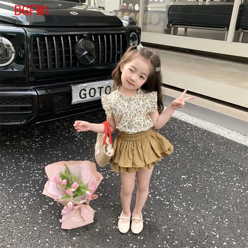 Baby Girls Clothing Set 2024 Summer New Girl Floral Suit Flying Sleeve Top+ Tiered Pantskirt Kids 2pcs Suit Baby Girl Outfit Set