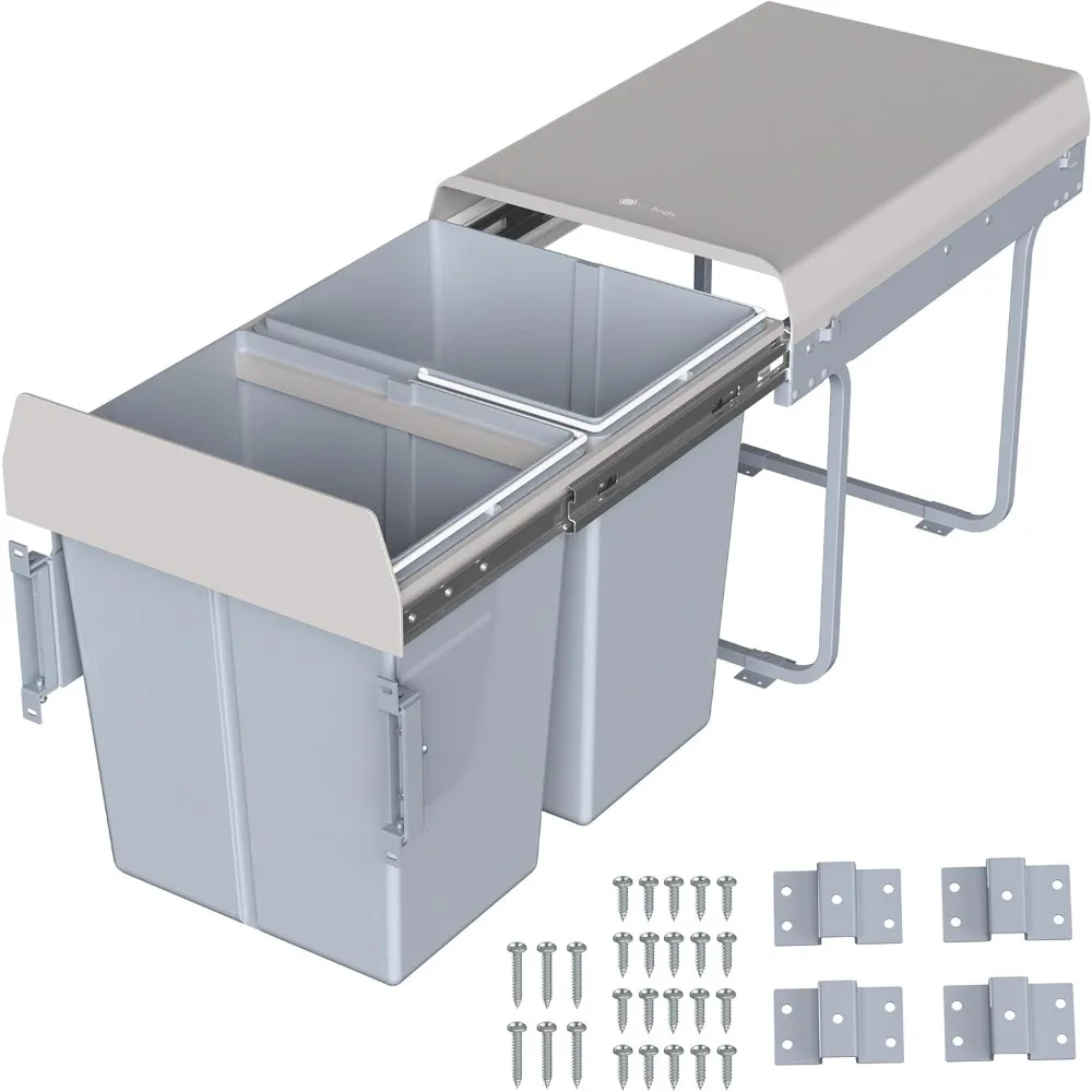 

40L Under Counter Pull-Out Dual Trash Can System, Double Recycling Trash Can with Lid for Cabinet, Sliding Kitchen Waste Bin, Gr