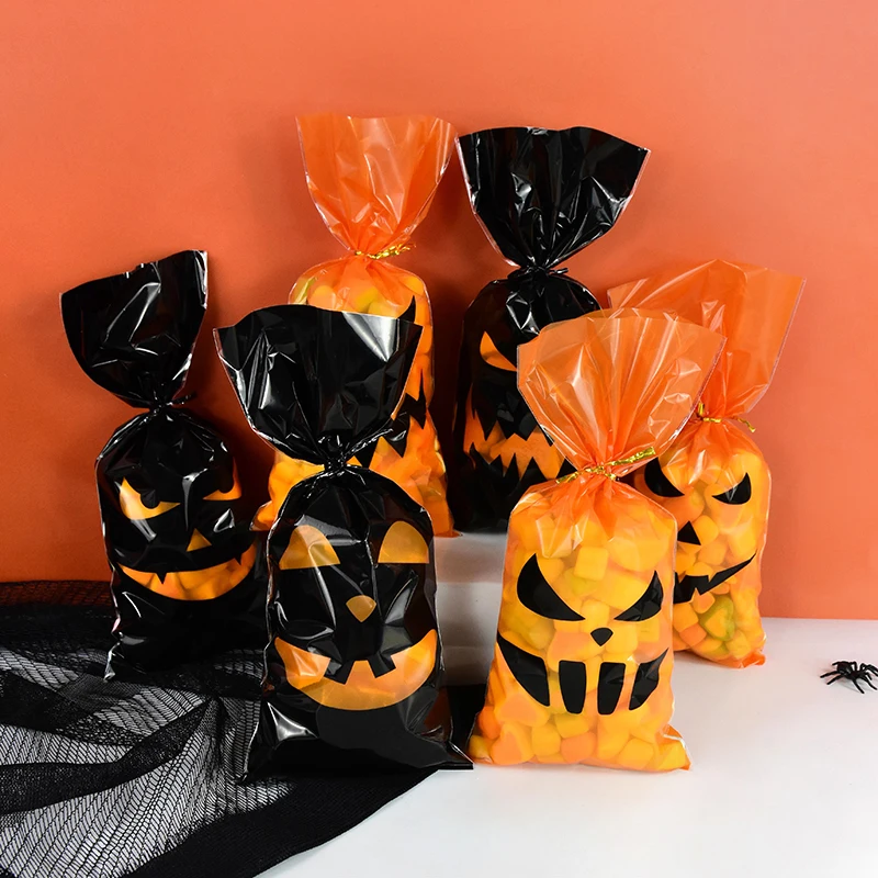 

50pcs Halloween Pumpkin Ghost Candy Bags Plastic Biscuit Cookies Gift Packaging Bag with Twist Ties Halloween Party Decor Supply