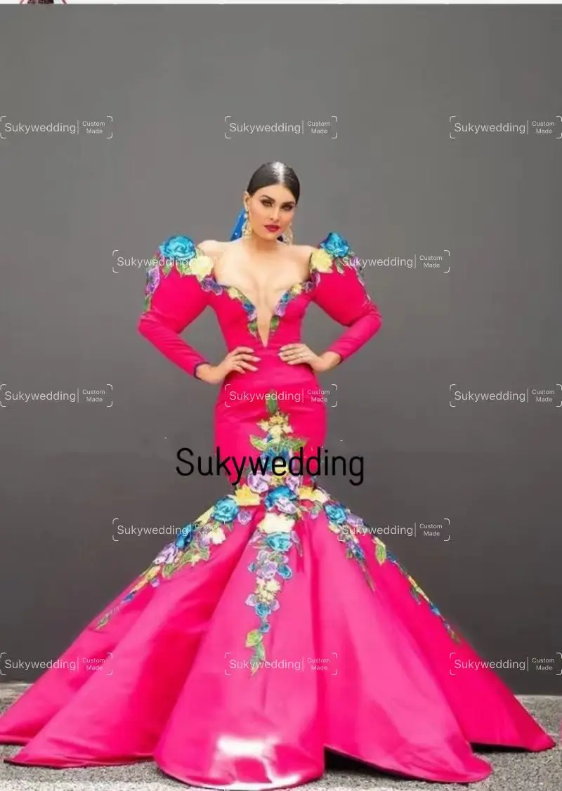 

Фуксия розовые цветочные вышивки Charro платья для выпускного вечера для женщин с длинным рукавом и бисером Русалка знаменитости вечерние платья по индивидуальному заказу