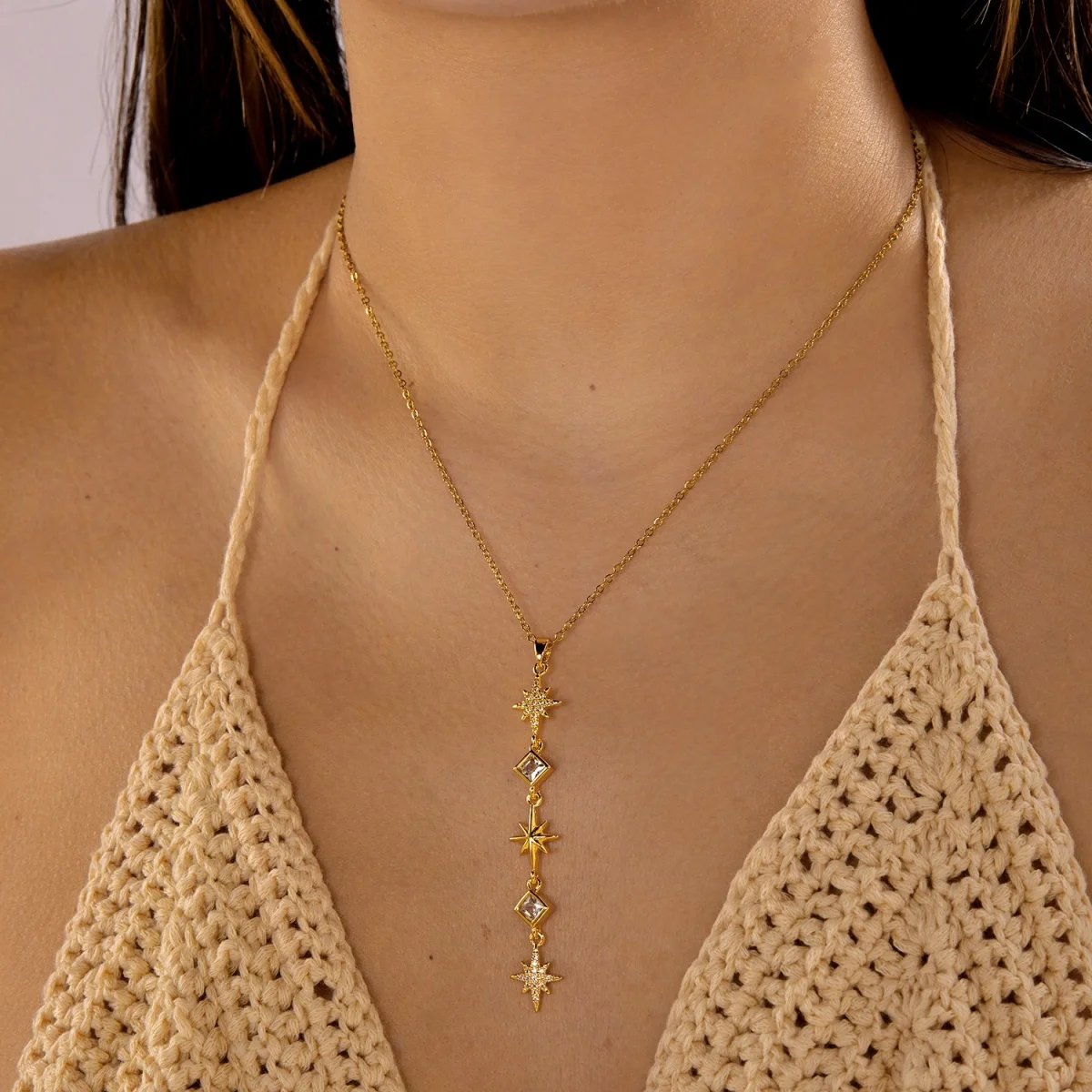 Glänzende Zirkon-Halskette mit geometrischen Verbindungsstücken und Quasten aus Edelstahl für Damen und Herren, Herz, Auge, Wassertropfen, Sonne, Mond, Stern, Choker-Schmuck – Detail 24