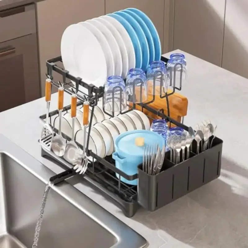 

2-Tier Large Capacity Dish Drying Rack with Drainboard, Heavy-Duty Black Kitchen Organizer with Utensil & Cup Holders