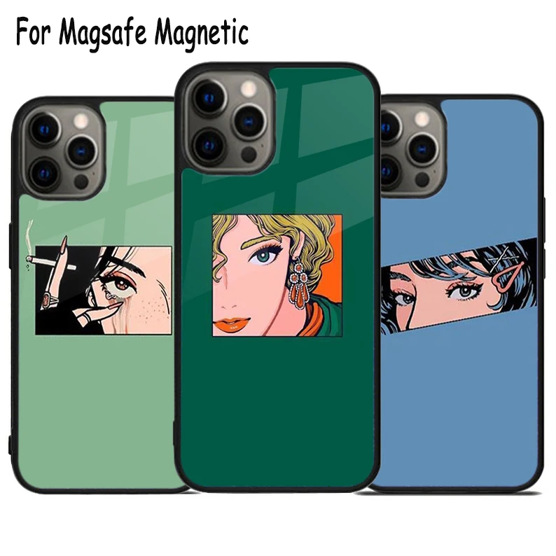 Pop art Anime Girl Aesthetic Wireless Charge Magsafe Phone Case For iPhone 15 16 14 13 11 12 Pro Max Plus Magnetic Bumper Cover