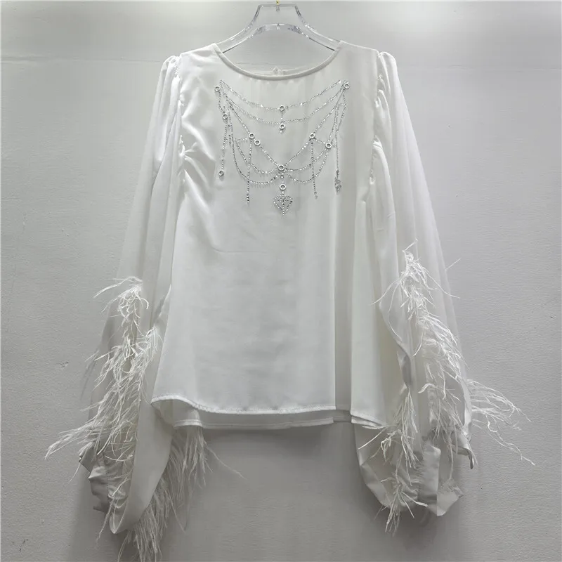 WTHT Fashion Women Diamonds Chain Loose Chiffon Shirt 2025 Autumn O-neck Spliced Feather Long Sleeve Blouse Female 1LS2668