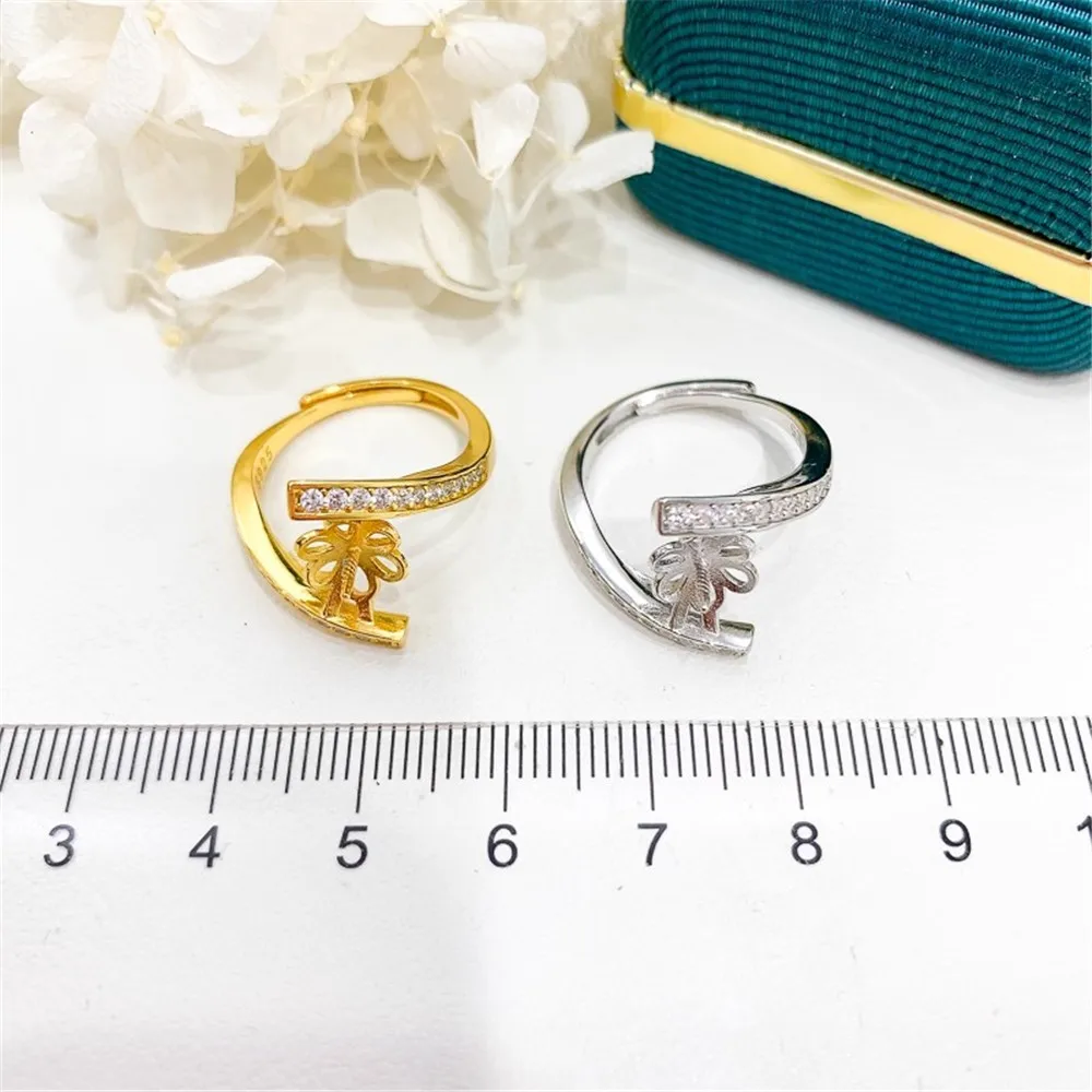 

S925 Silver Sterling Ring Inlaid Zirconia Half Hole Pearl Ring Base Resizable Design DIY Handmade Fine Jewelry Ring Accessories