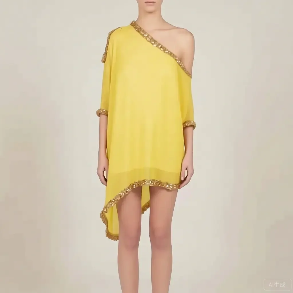 

One Shoulder Asymmetrical Yellow Sequin Dress with Gold Trim Cold Shoulder Party Gown Evening Dresses Luxury Formal Summer Gown