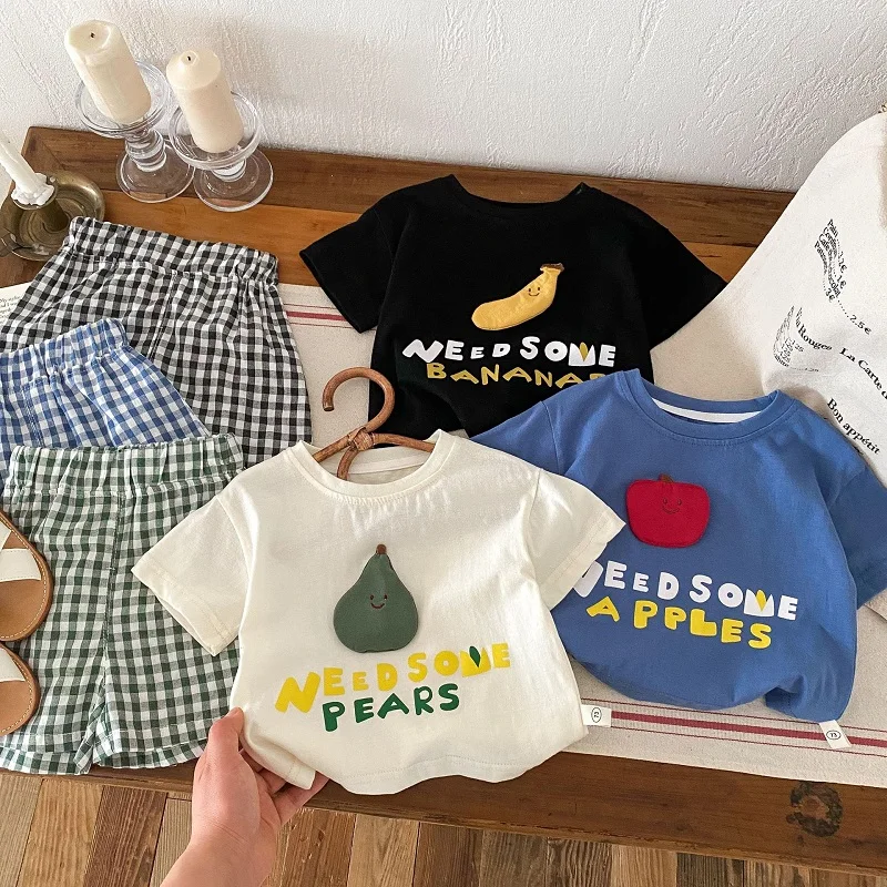 2024 Summer Children Boy Clothing Set 0-5Years Toddler Kids Short Sleeve Cartoon T-shirt Tops+Plaid Shorts 2PCS Grils Clothes