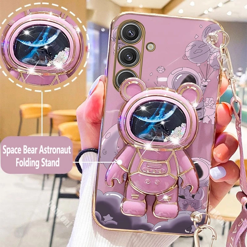 S24 Brave Astronaut Holder Lanyard Plating Phone Case For Samsung S24 S24Ultra S24Plus S23 S23FE S23Plus S22 S22Plus S21FE Cover