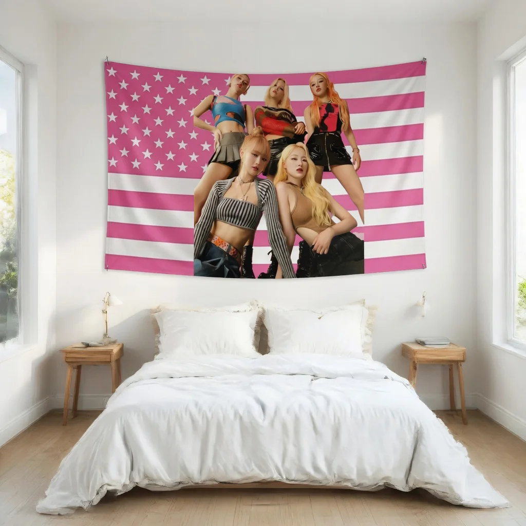1 Stück Wandteppich im K-Pop-Girl-Group-Stil, Wandbehang mit rosa Streifen und Flagge, ästhetische Dekoration für Schlafsaal, Schlafzimmer, Wohnzimmer
