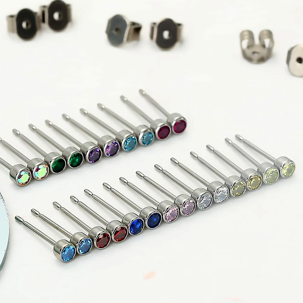 

TGNEL Stud Earrings For Women ALL Pure Titanium January to December Birthday 3mm CZ Stud Piercing Titanium Jewelry 22TISE004