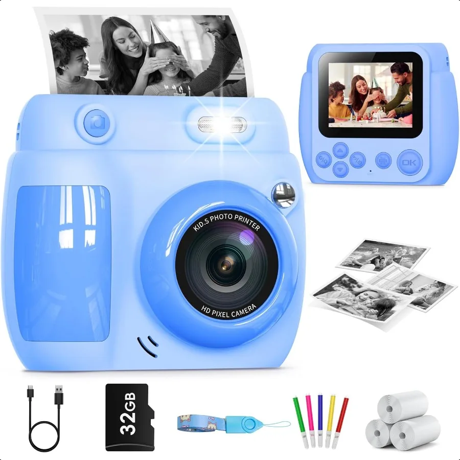 

Camera Instant Print Birthday Gifts for Girls Boys with 3 Rolls Print Paper 32GB Card 48MP Digital Camera 1080P HD Video Toddle