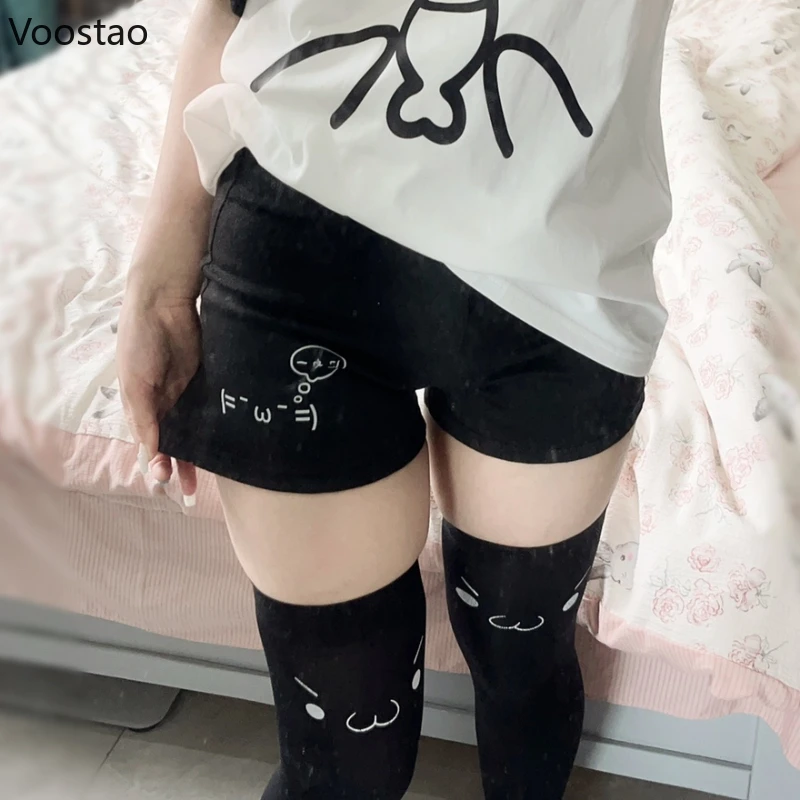 Japanese Harajuku Cotton Shorts Summer Women Casual Cute Print Black Short Pants Korean Girls Kawaii Fashion Y2k Bottoms 2024