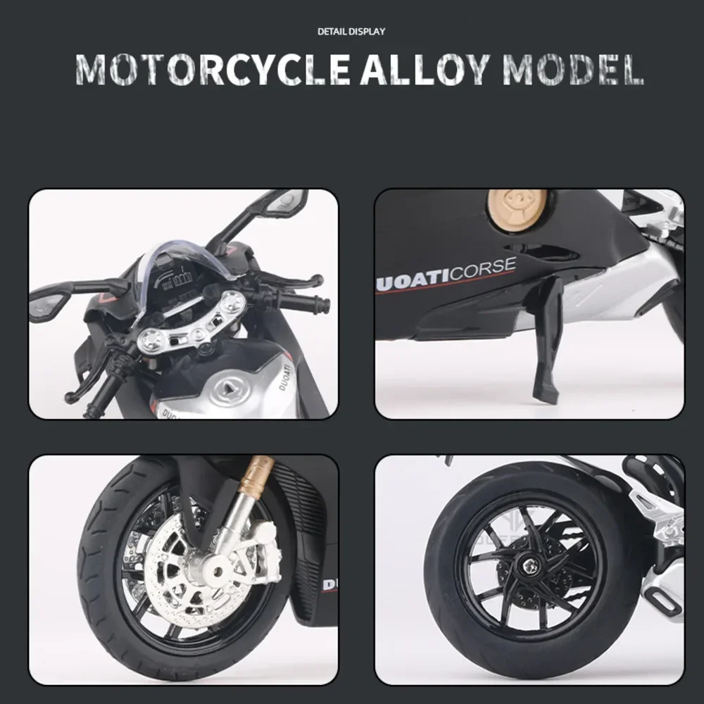 Model motocykla 1:12 1199 V4S, zabawka, samochód, muzyka, światła, amortyzacja, metalowy odlew, układ kierowniczy, kolekcja, prezenty