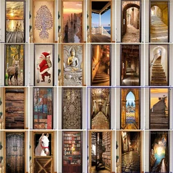 Brown Door Sticker Vinyl Decorative Doors Wood Grain 3D Walkway Scenery Adhesive Wallpaper For Door Steel Front Deur Stickers