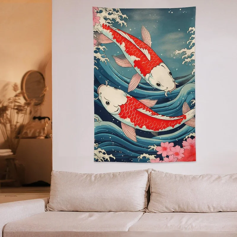 VIKAMA Japanese Koi Fish Tapestry Red Carp Swimming Waves Cherry Blossom Ukiyo-e Wall Hanging Oriental Wall Art Room Decor