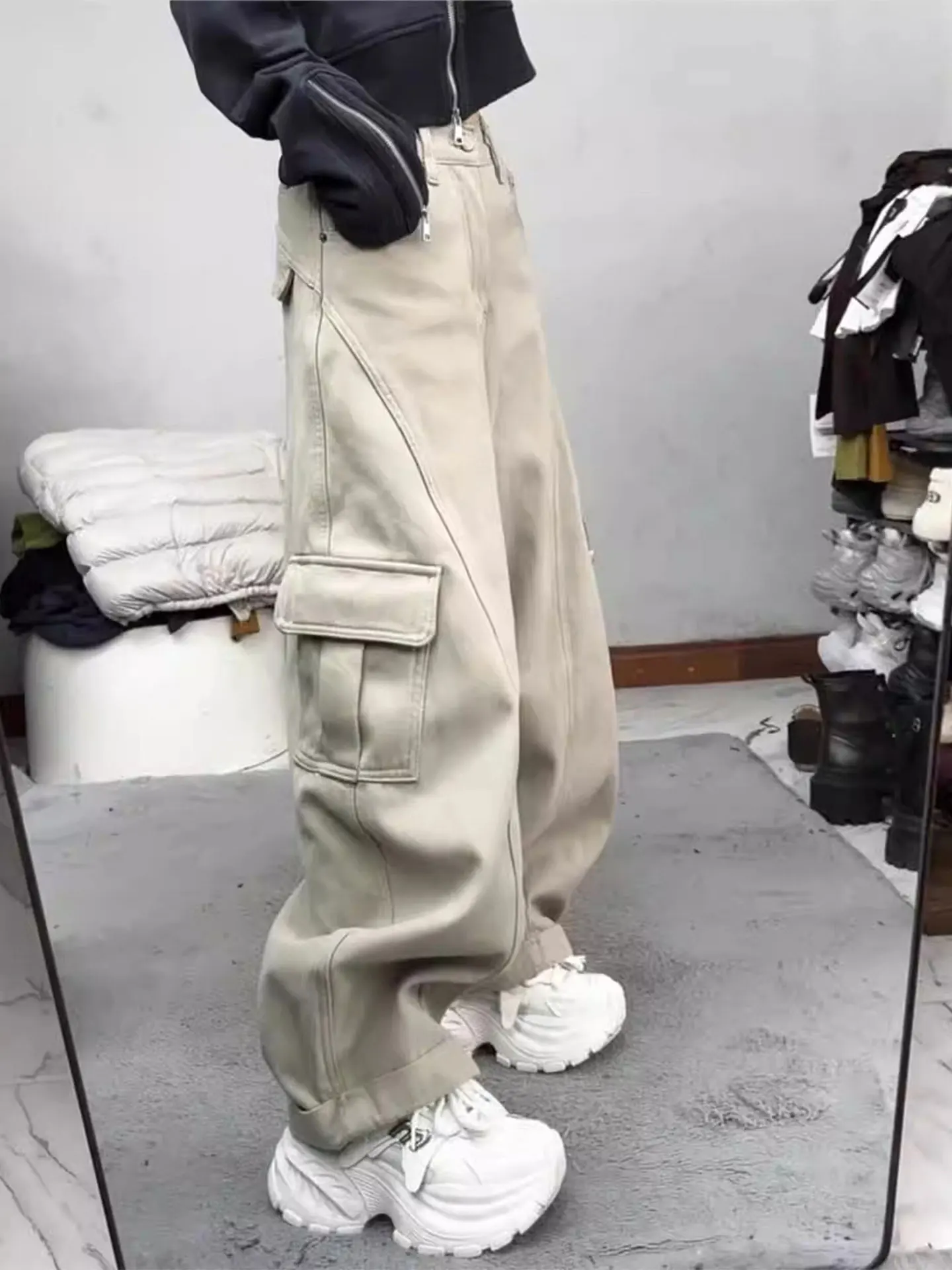 

Женская винтажная рабочая одежда больших размеров, теплые свободные широкие джинсы на подкладке Fce с высокой талией, повседневная одежда на каждый день