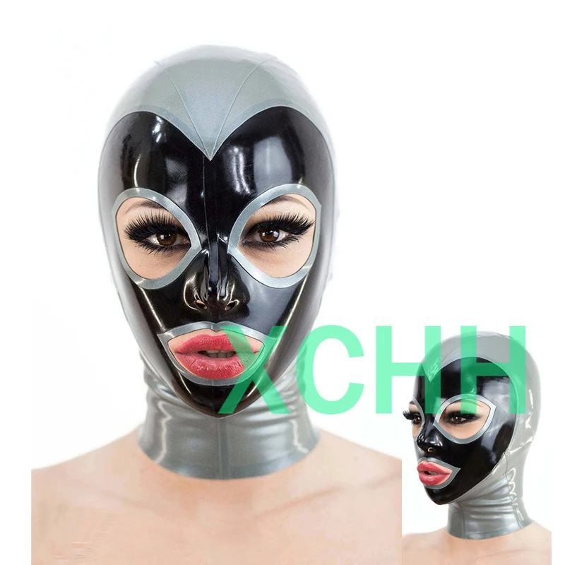 

Handmade Laatex Hood Silver with Black Open Eye Mouth Back Zipper Cosply Costume