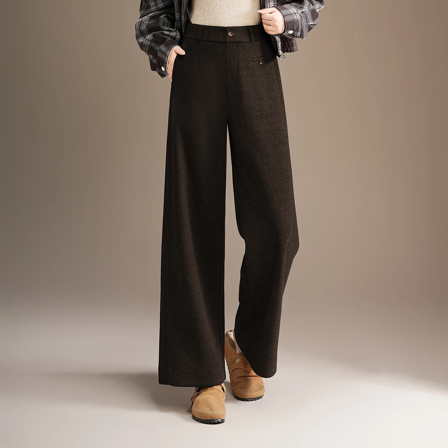 

Женские повседневные брюки с высокой талией из утолщенной шерсти, прямые, широкие, кофейного цвета, осенне-зимняя новинка, стройнящие