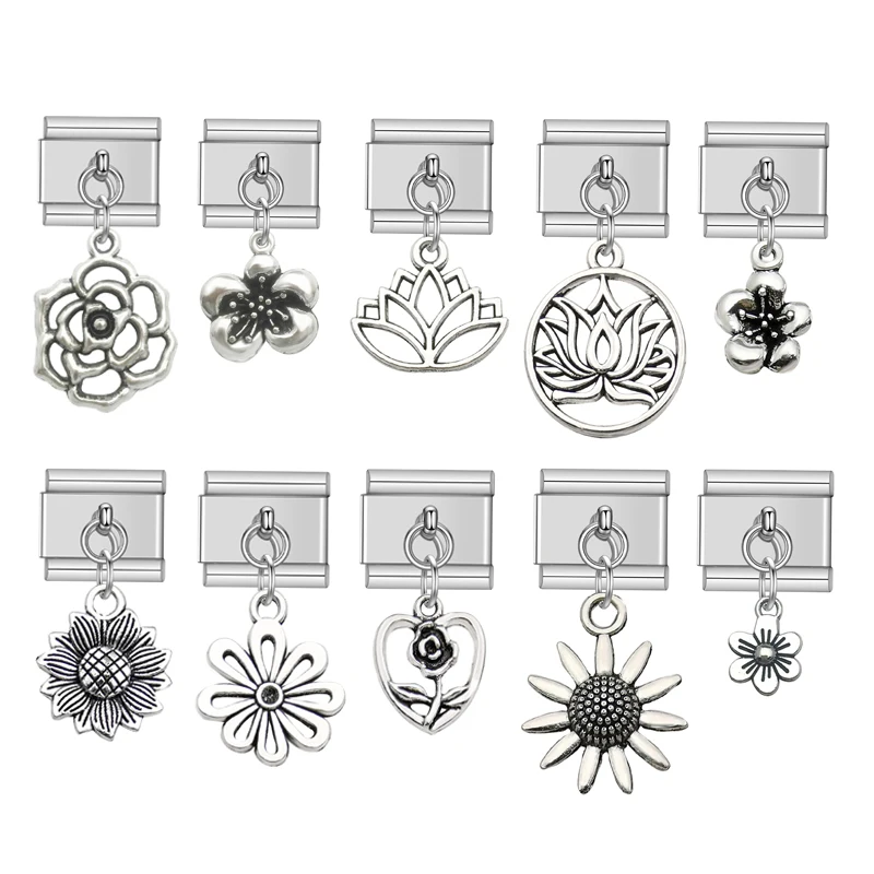 2024 Top Vintage Lotus Flower Tassels Pendant Italian Charm Bracelets Kit Links Fit 9mm Stainless Steel Bangle diy Accessories