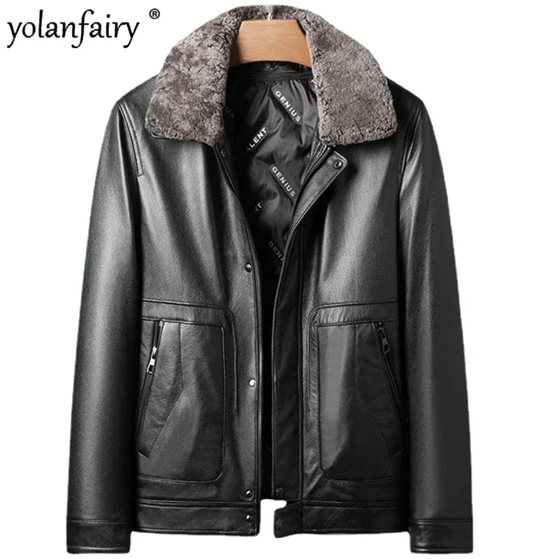 

2023 New Genuine Leather Jackets for Men Cowhide Down Jacket Short Lapel Warm Thick Overcoat Men's Winter Coat Veste Cuire Homme