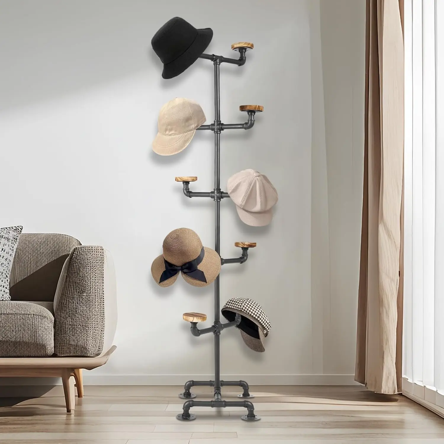 Industrial Hat Rack Stand, 5 Tier 10 Round Hat Hangers Hat Display Stand Freestanding Organizer Rack Display Stand for Wig