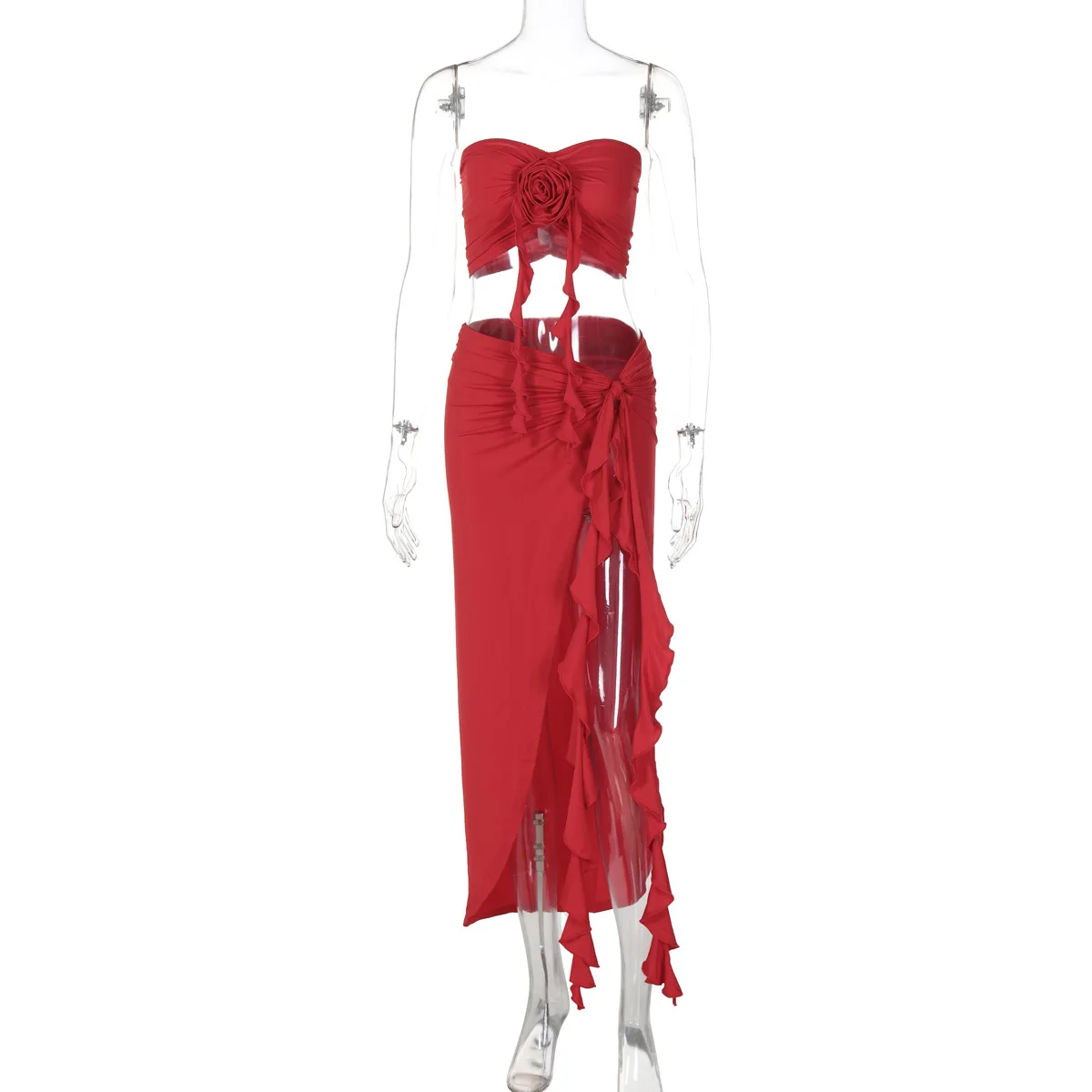 Pink Ruffle Skirt Sets Women Fashion Flower Tube Top and Maxi Skirt Outfits Summer Sexy Bodycon Beach Holiday Two Piece Set 2024