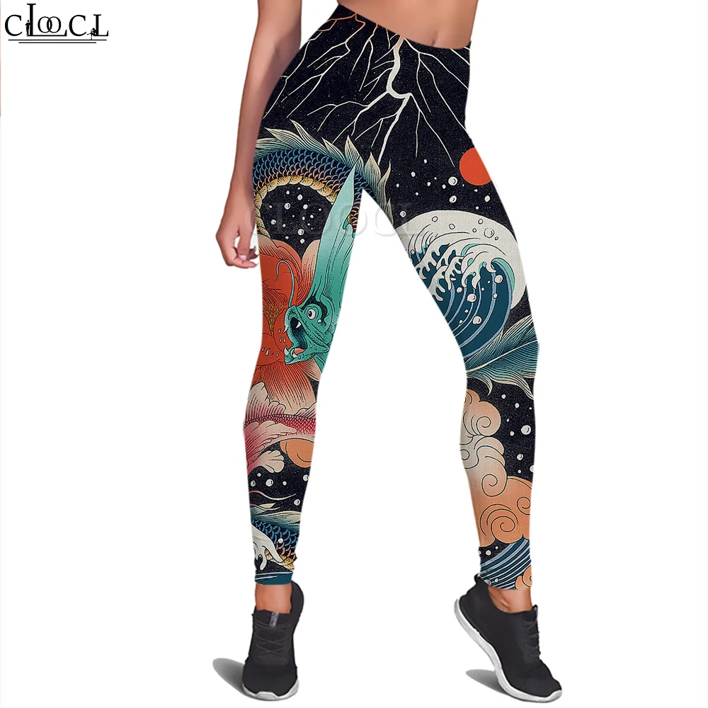 Cloocl moda feminina legging ukiyo-e padrão 3d impresso calças para treino feminino push up jogging cintura alta calças de yoga