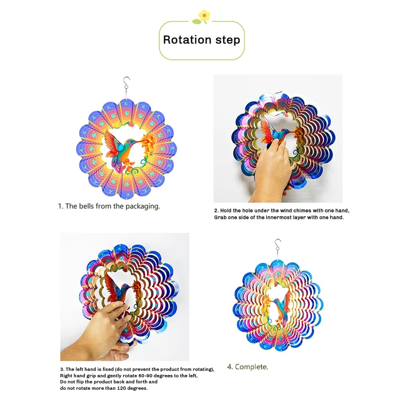 12Inch Bird Wind Spinner Metal 3D Rotating Windchimes Luxury Art Garden Hanging Outdoor Decoration-AT64