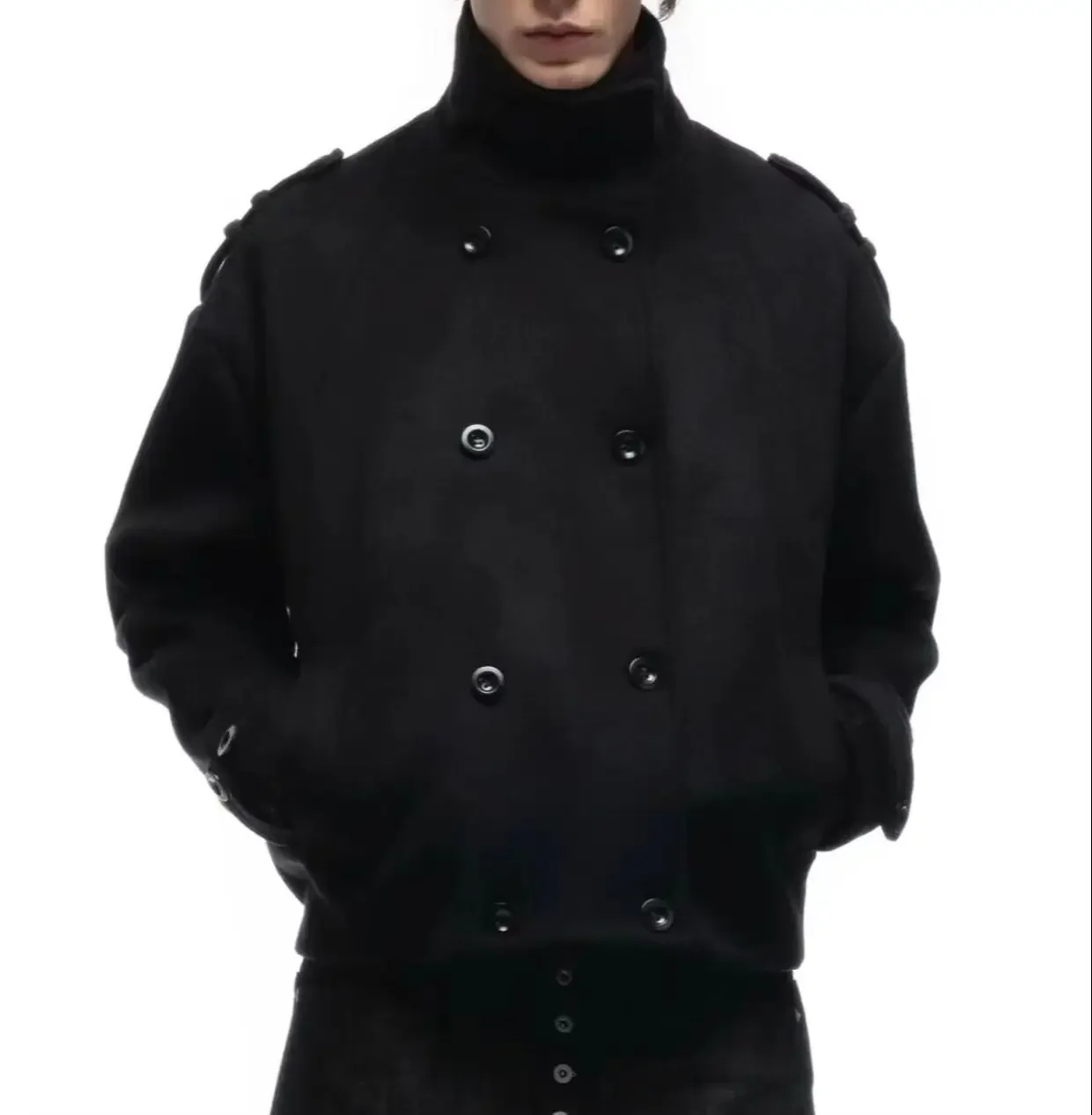 No Faith Studios Multi-Button Black Double-Breasted Stand-Up Collar Short Fleece Jacket