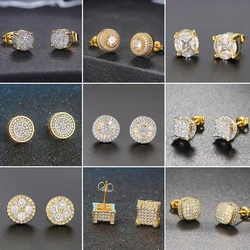 Hiphop Rock Stud Earrings For Women Classic Gold Color Jewelry Crystal Iced Out CZ Piercing Cartilage Ear Accessories Wholesale