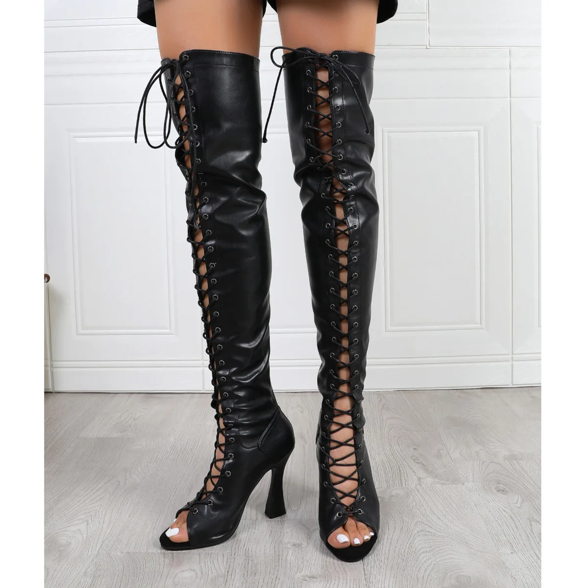 Botas negras por encima de la rodilla para mujer, tacones altos, tacones de aguja suaves, zapatos de baile de Jazz para mujer, talla grande Sexy