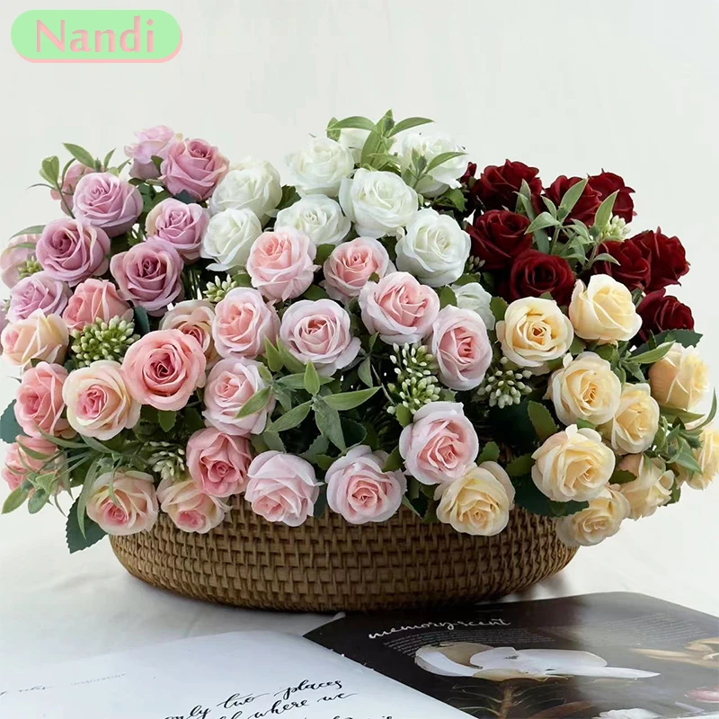 Artificial Flower Home Table Decoration Fake Flower Rose Small Fresh Wedding Decoration Simulation 5 Fork 10 Rose Bouquet