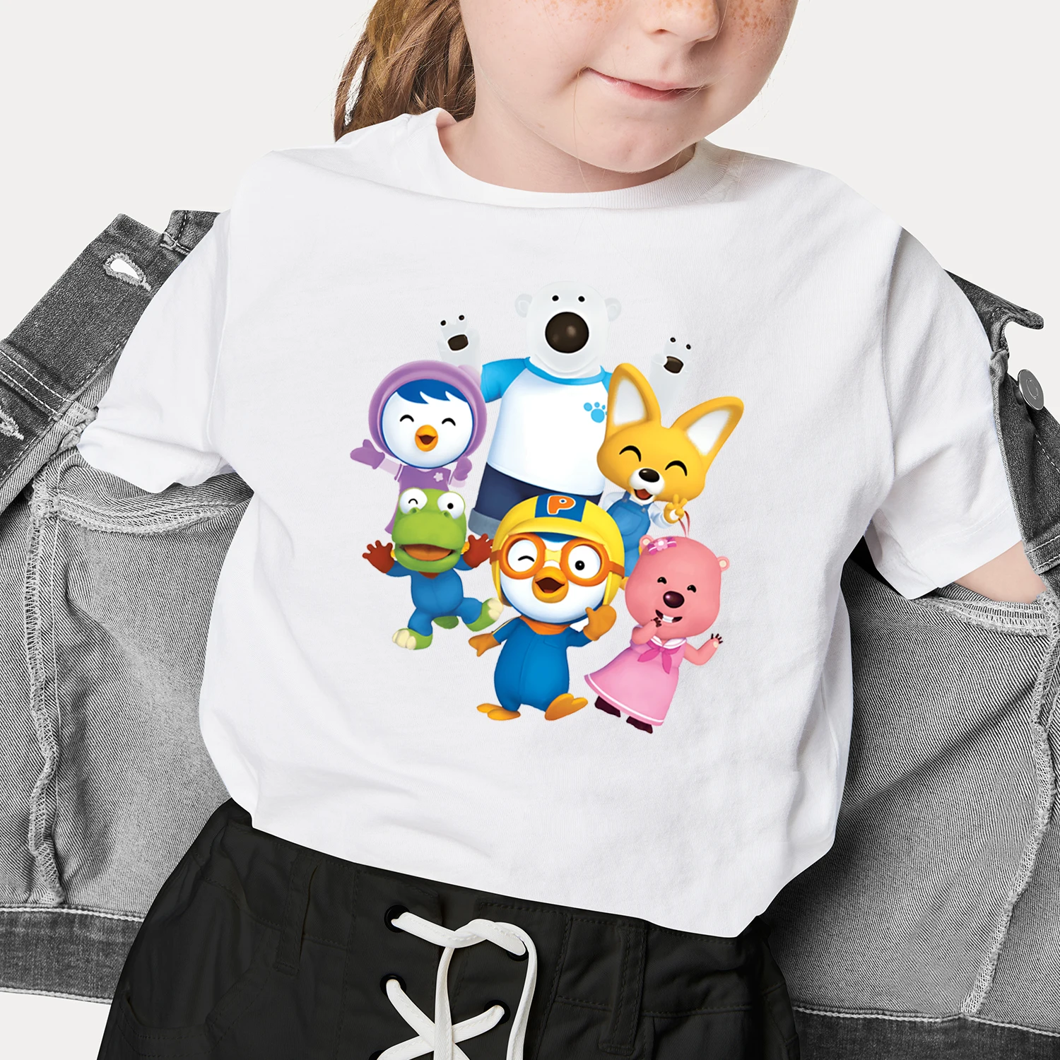 Korea New Summer Pororo Loopy Cartoon Boy Girls Clothing Anime Short Sleeve Cute Kids Cotton T-Shirt Fashion Tops