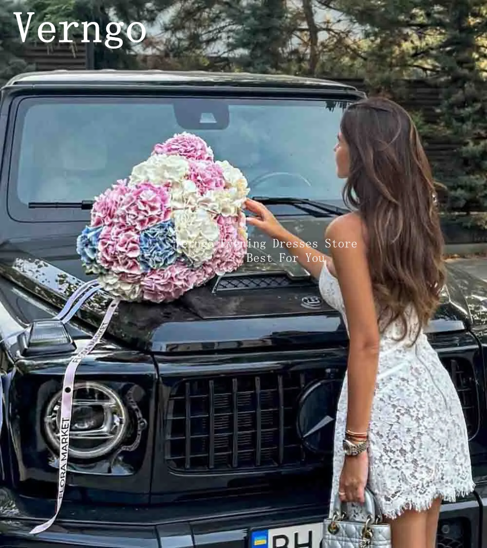 Verngo lvory Lace Mini Party Dress Women Strapless Drapted Train Elegant Short Elegant Prom Dress Zipper Sexy Cocktail Dress