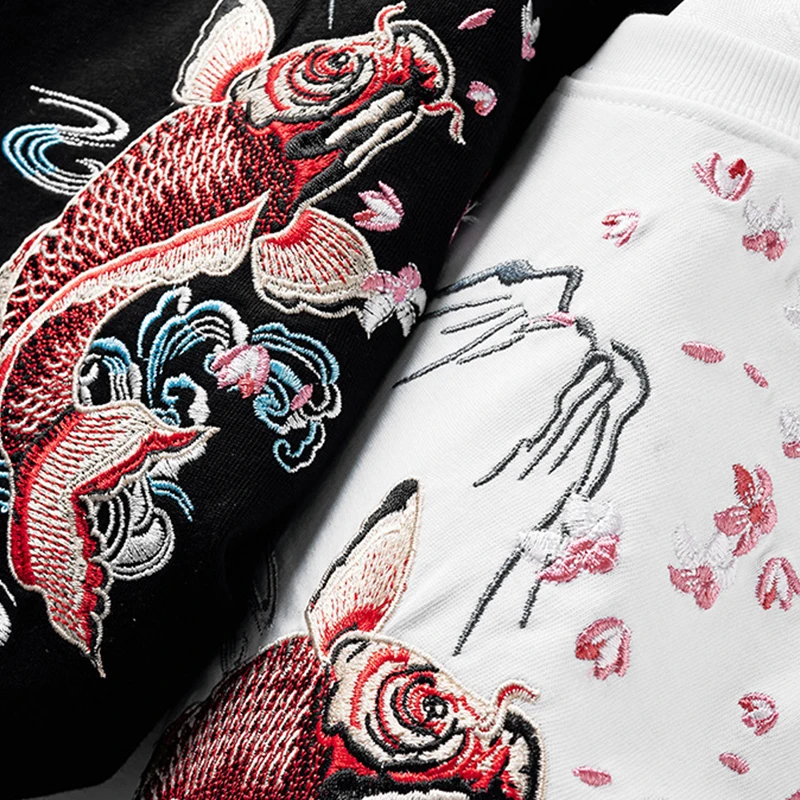 Japan Style Sakura & Koi Fish Embroidery Men Short Sleeve T-Shirt 2024 New O-Neck Mens Casual Summer Tops 100% Cotton